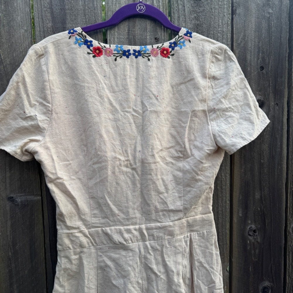 Anthropologie JOA Embroidered Tie Front Jumpsuit Large Beige Floral Wide Leg - Picture 14 of 16